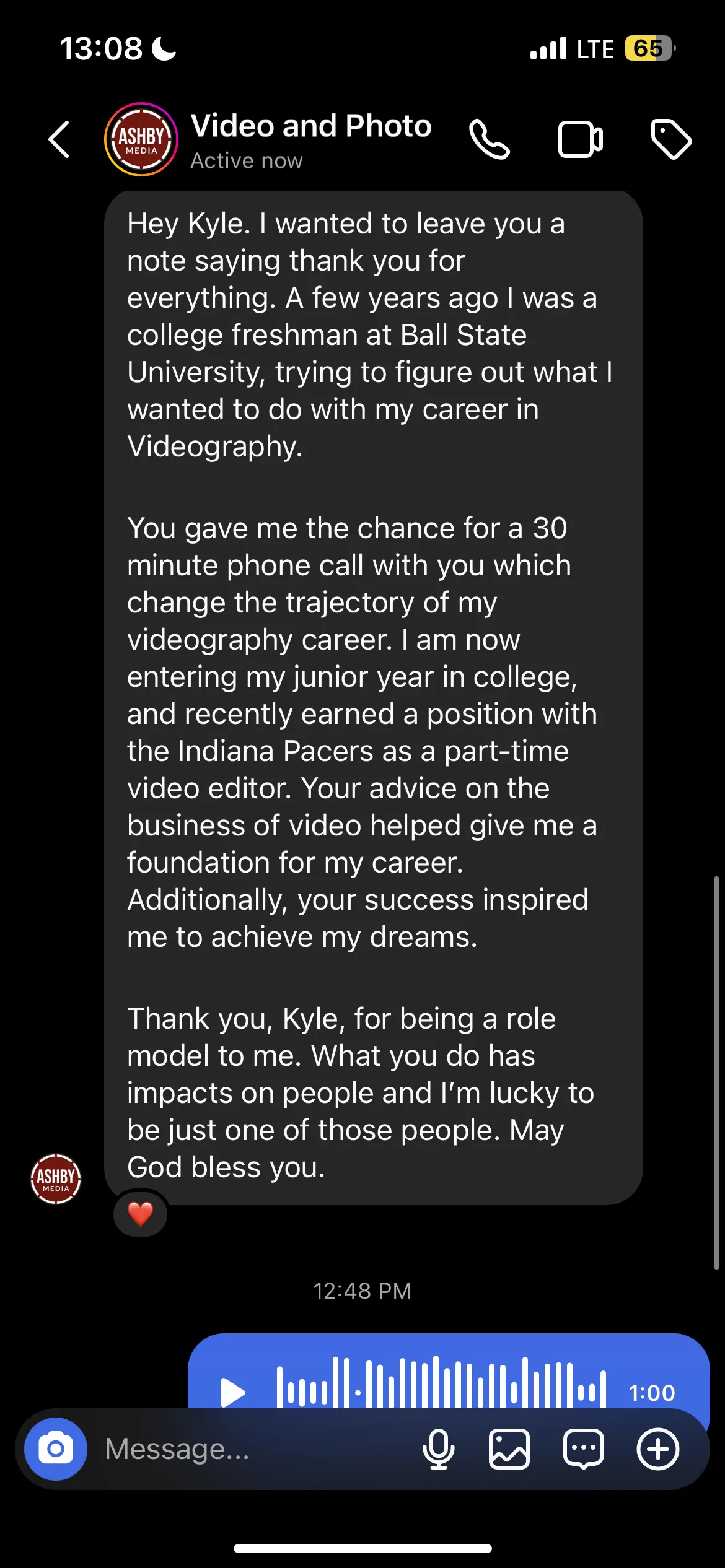 Member message thanking Kyle after a coaching call changed their career