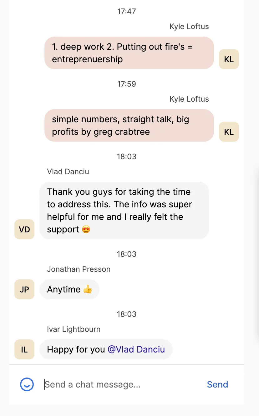 Mastermind group chat with members supporting one another