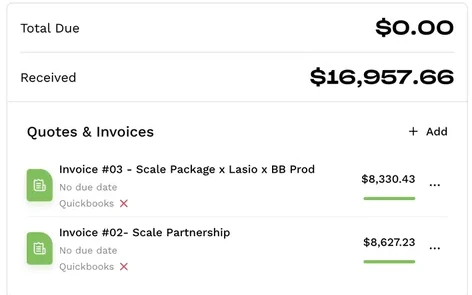 Project totals for Lasio: $16,957.66 received, with the invoice list