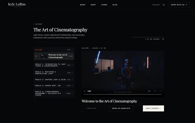 The Art of Cinematography course player inside the members area, its five modules listed down the side